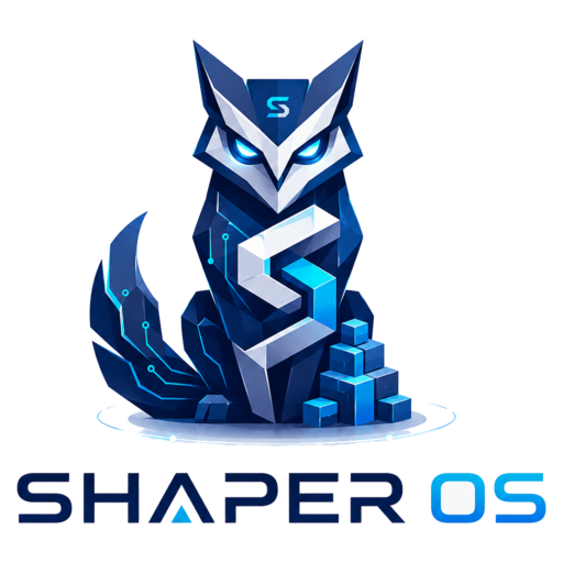 La mascotte SHAPER OS : un gardien géométrique, entre renard et hibou, qui tient le S construit en briques
