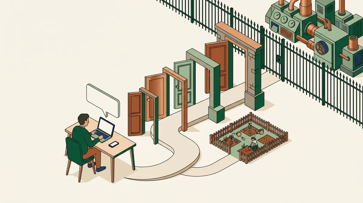 Illustration: a person writes to the assistant from a desk; ahead, a path goes through four successive doorways, beside a fenced practice garden, while the machinery stays behind a locked fence.