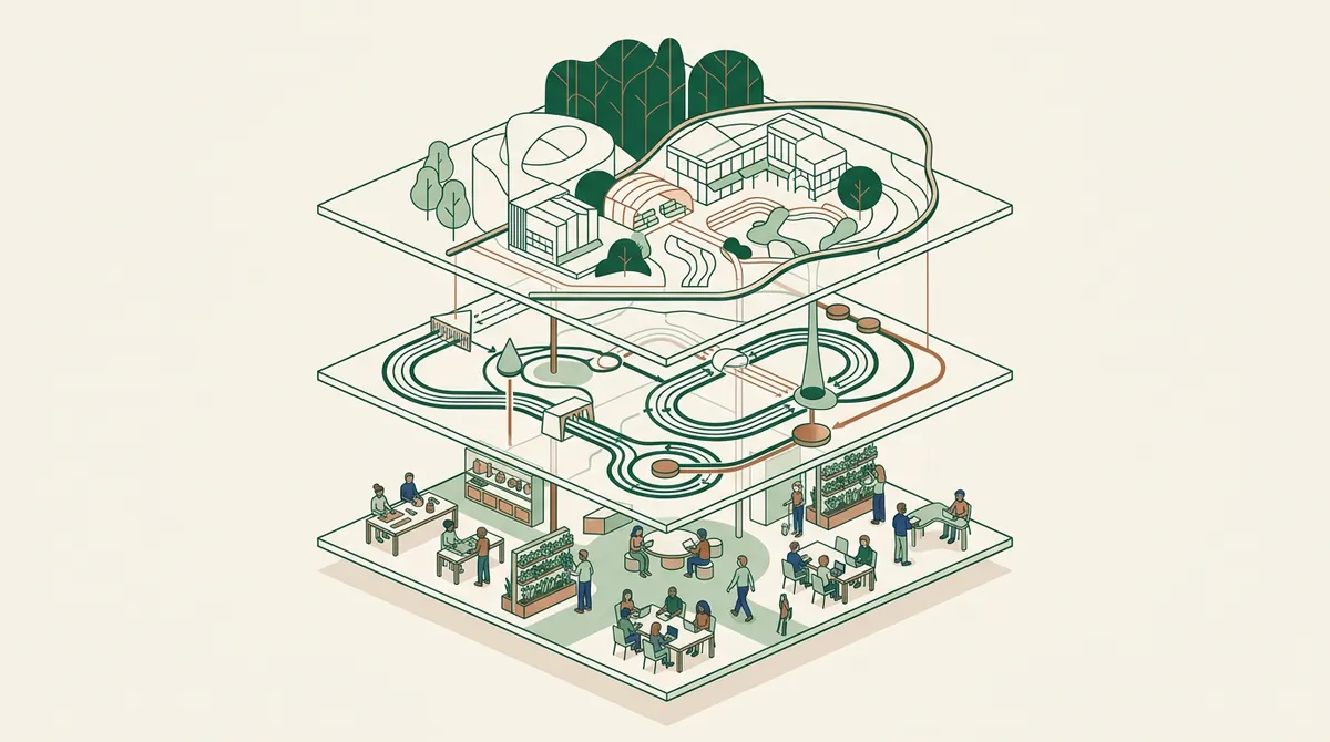 Illustration : trois plateaux superposés, le cap et le paysage en haut, les circuits opérationnels au milieu, des équipes au travail en bas.