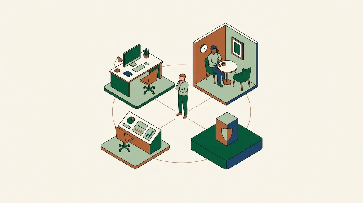 Illustration: a person at the centre of four connected spaces, a desk, a corner for calls, a steering dashboard and a protected foundation.