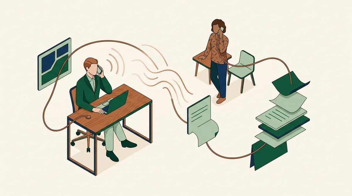 Illustration: two colleagues on the phone, the call continuing as notes and follow-up filed with the case.
