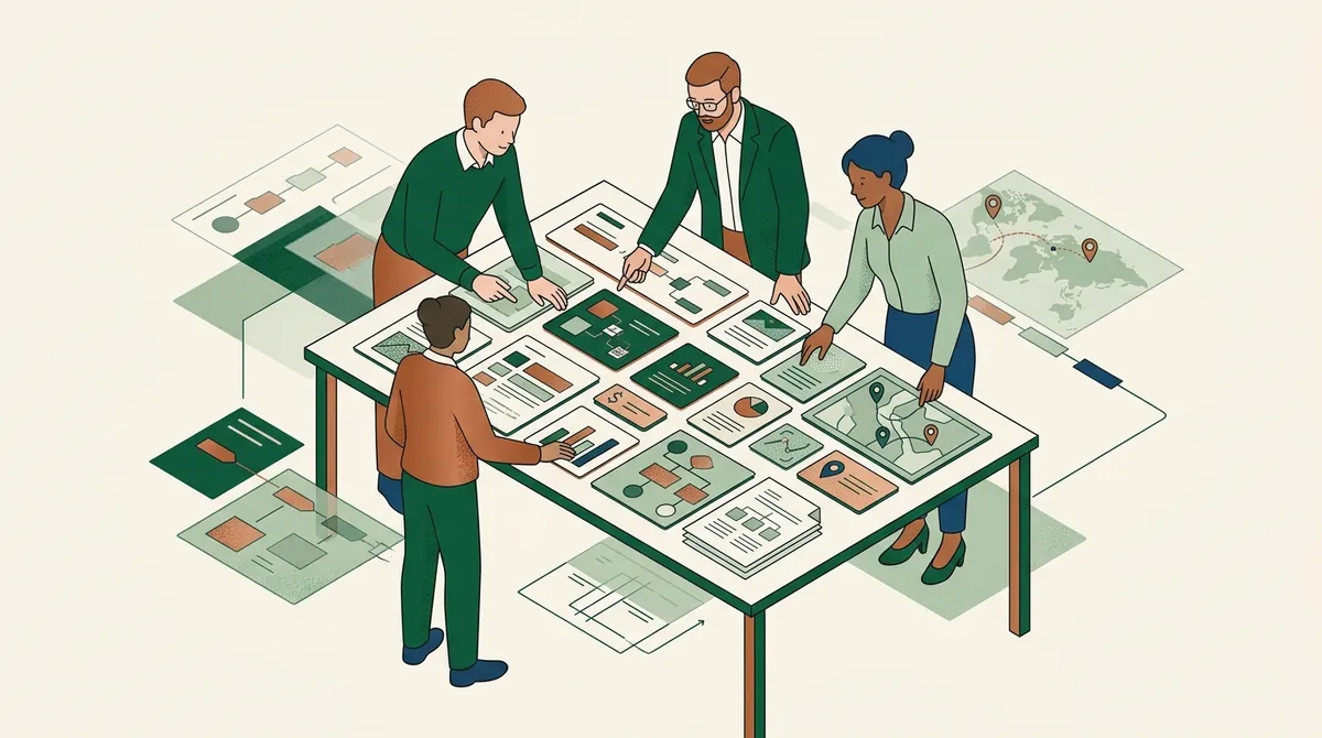 Illustration: four people around one table where the day’s cases, documents and charts are laid out in order.